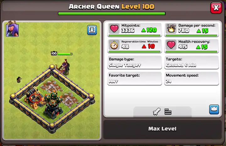 archer queen new level 100 with stats