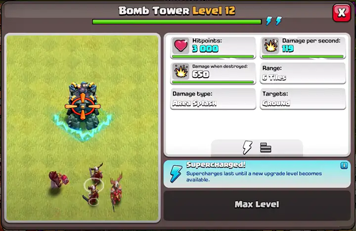 bomb tower level 12 and supercharge