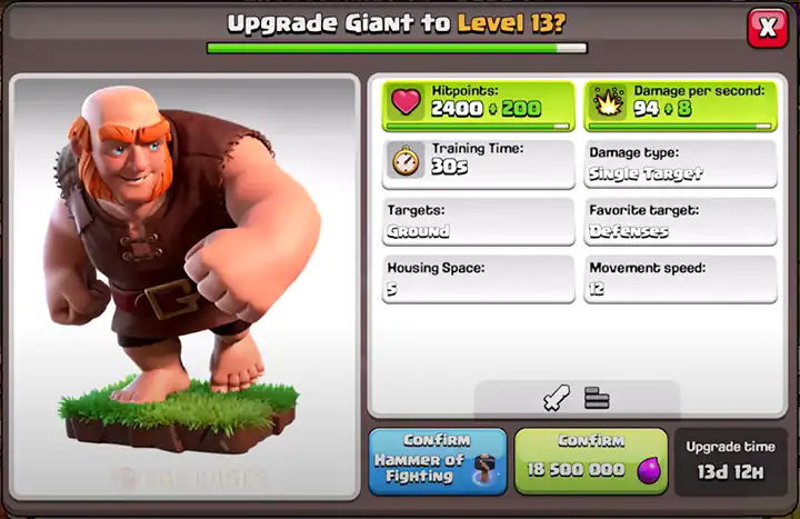 Upgrade Giant to New level 13