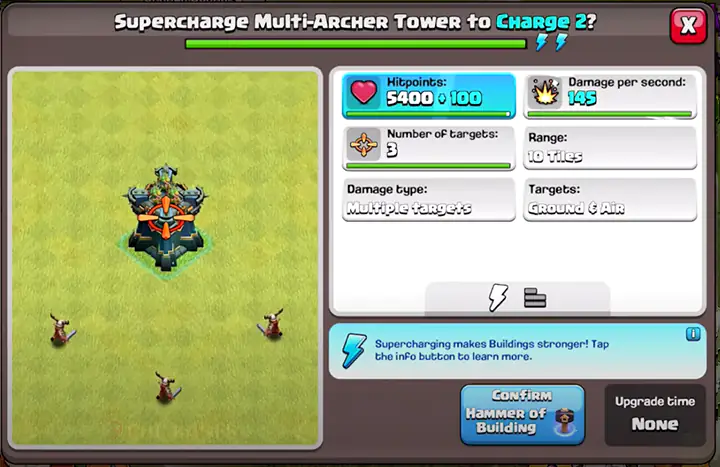 Supercharge multi archer tower to Charge level 2