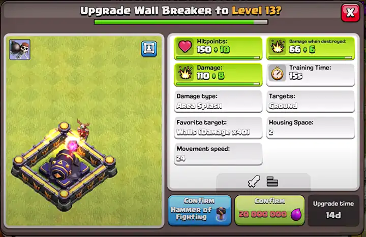 Upgrade Wall Breaker to New level 13