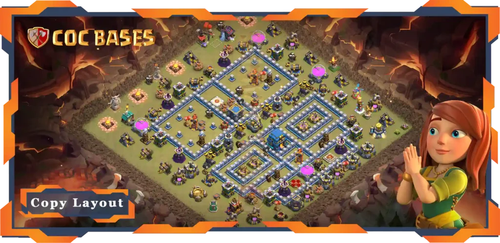 In this top war base, TH12, (Defence, Anti Everything Layout), There are two sections of the base. The tow