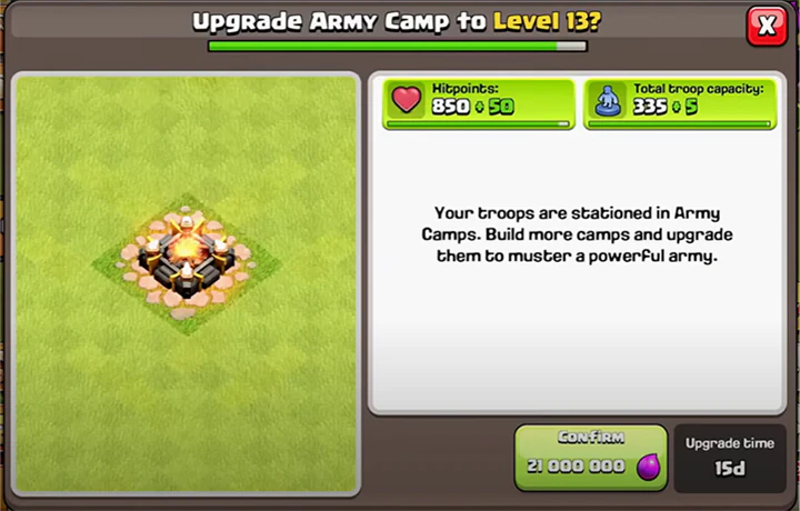 Upgrade army camp to level 13