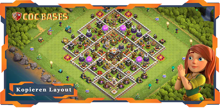 Beste Basis RH11 met Link, Anti Luft Drache, Hybrid, Verdediging layout - Clash of Clans (133)