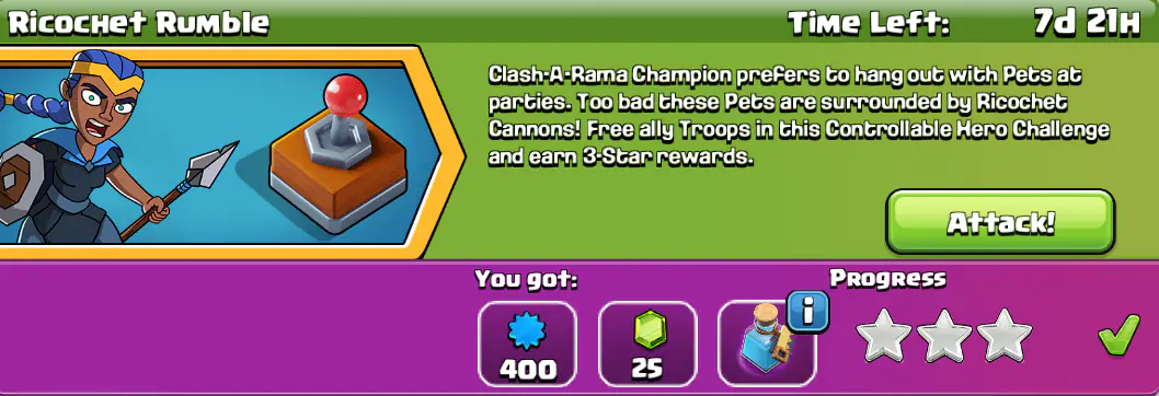 Easily get 3 stars in Ricochet Rumble Challenge August 2025 Clash-A-Rama completed
