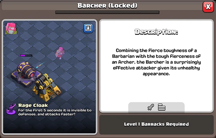 Событие «Космический рок» — Октябрь 2025 в Clash of Clans 72 Barcher Temporary Troop in Cosmic Rock Event October 2025 - description