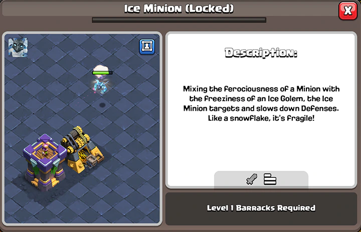 Событие «Космический рок» — Октябрь 2025 в Clash of Clans 70 Ice Minion Temporary Troop in Cosmic Rock Event October 2025 - description