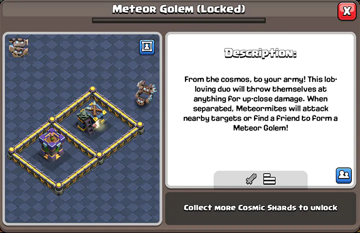 Событие «Космический рок» — Октябрь 2025 в Clash of Clans 65 Meteor Golem Temporary Troop in Cosmic Rock Event October 2025 - description