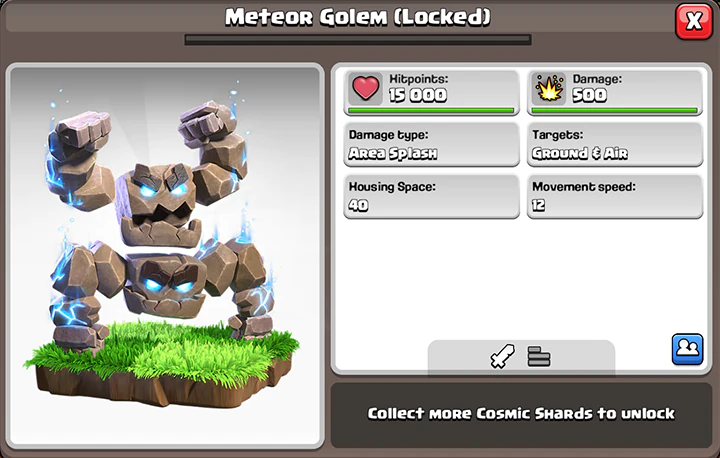 Событие «Космический рок» — Октябрь 2025 в Clash of Clans 64 Meteor Golem Temporary Troop in Cosmic Rock Event October 2025