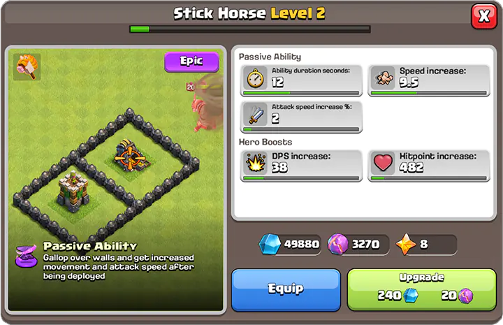 Wise Warriors Event February 2026 - Clash of Clans 60 Horse Stick Equipment for Barbarian King February 2026 season